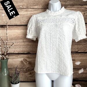 SHEIN VCAY Contrast Lace Puff Sleeve Mock Neck white Sz Medium NWOT